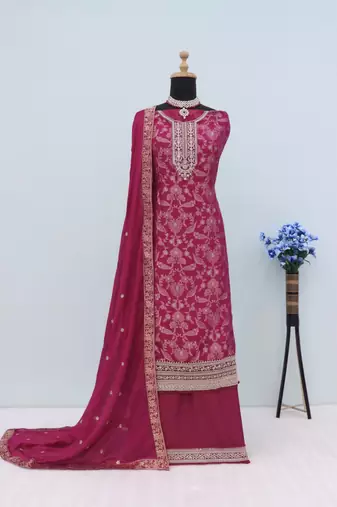 Magenta jacquard semi stitched ceremonial suits