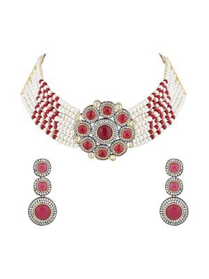Traditional royal kundan pearl stone multistrand design pink choker necklace jewellery set 1
