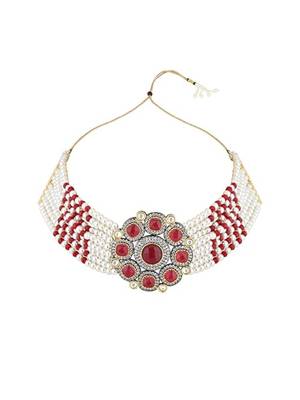 Traditional royal kundan pearl stone multistrand design pink choker necklace jewellery set 2