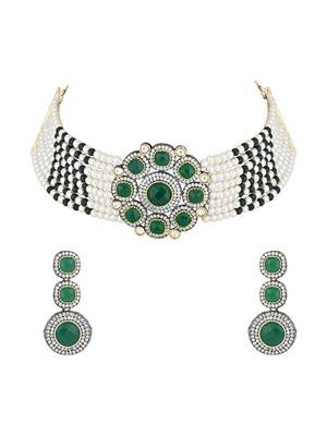 Traditional royal kundan pearl stone multistrand design green choker necklace jewellery set 1