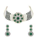Traditional royal kundan pearl stone multistrand design green choker necklace jewellery set