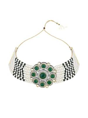 Traditional royal kundan pearl stone multistrand design green choker necklace jewellery set 2