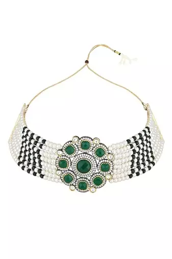 Traditional royal kundan pearl stone multistrand design green choker necklace jewellery set