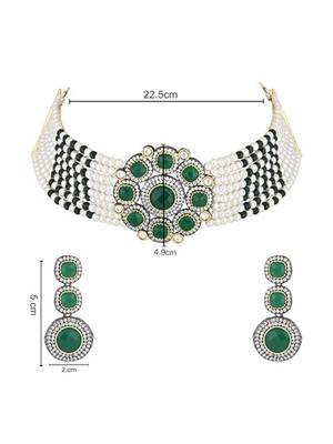 Traditional royal kundan pearl stone multistrand design green choker necklace jewellery set 5