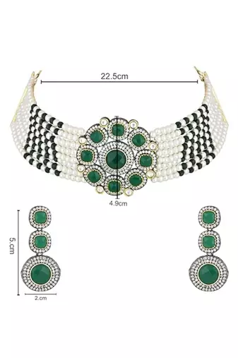 Traditional royal kundan pearl stone multistrand design green choker necklace jewellery set