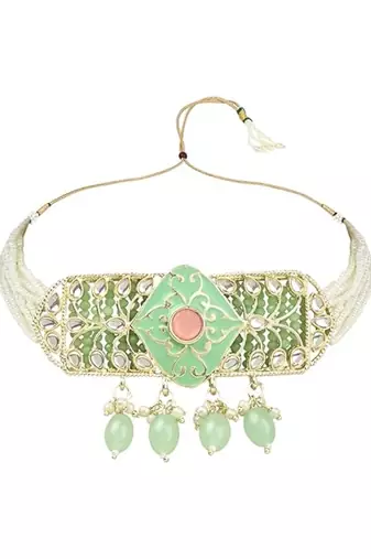 Gold plated pearl polki kundan choker necklace jewellery set with earring & maang tikka for women