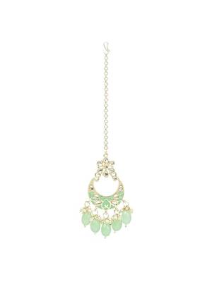 Gold plated pearl polki kundan choker necklace jewellery set with earring & maang tikka for women 5