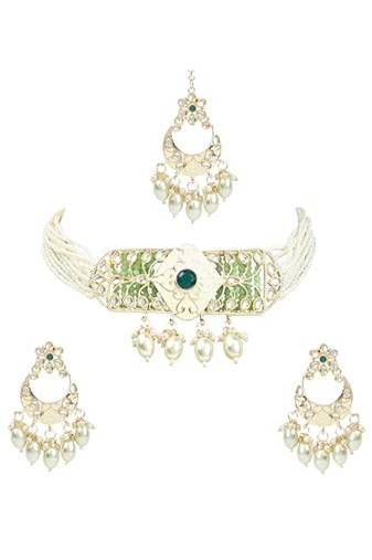 Gold plated white tumble studded pearl beaded polki kundan choker necklace set for women
