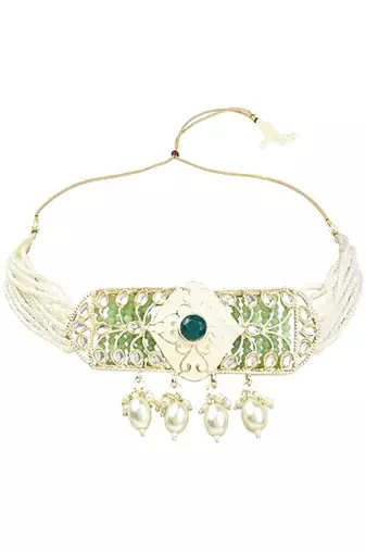 Gold plated white tumble studded pearl beaded polki kundan choker necklace set for women