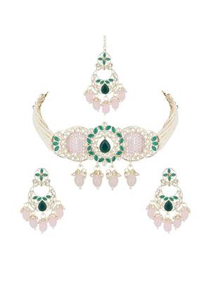 Gold plated pearl polki kundan choker necklace jewellery set 1