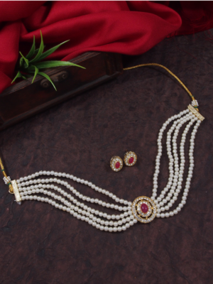 Gold plated traditional handcrafted stone pearl choker necklace jewellery set 1