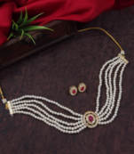 Gold plated traditional handcrafted stone pearl choker necklace jewellery set