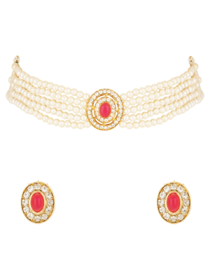 Gold plated traditional handcrafted stone pearl choker necklace jewellery set 2