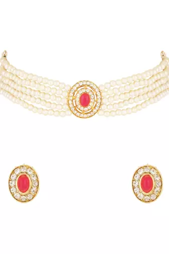 Gold plated traditional handcrafted stone pearl choker necklace jewellery set