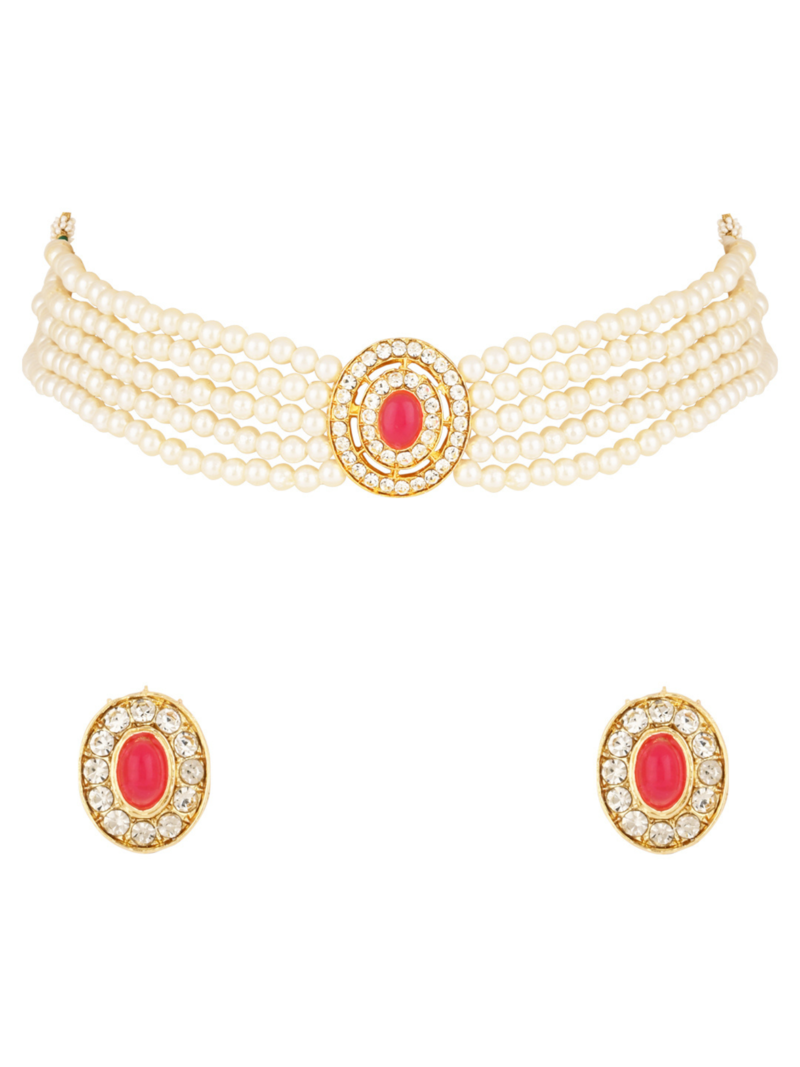 Gold plated traditional handcrafted stone pearl choker necklace jewellery set