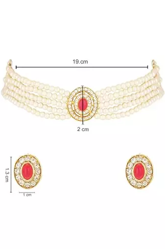 Gold plated traditional handcrafted stone pearl choker necklace jewellery set
