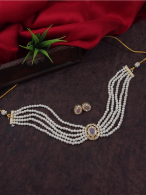 Gold plated traditional handcrafted stone pearl choker necklace jewellery set 1