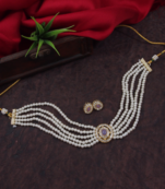 Gold plated traditional handcrafted stone pearl choker necklace jewellery set