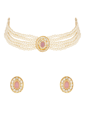 Gold plated traditional handcrafted stone pearl choker necklace jewellery set 2