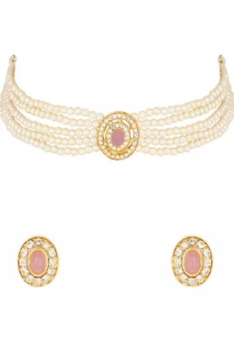 Gold plated traditional handcrafted stone pearl choker necklace jewellery set