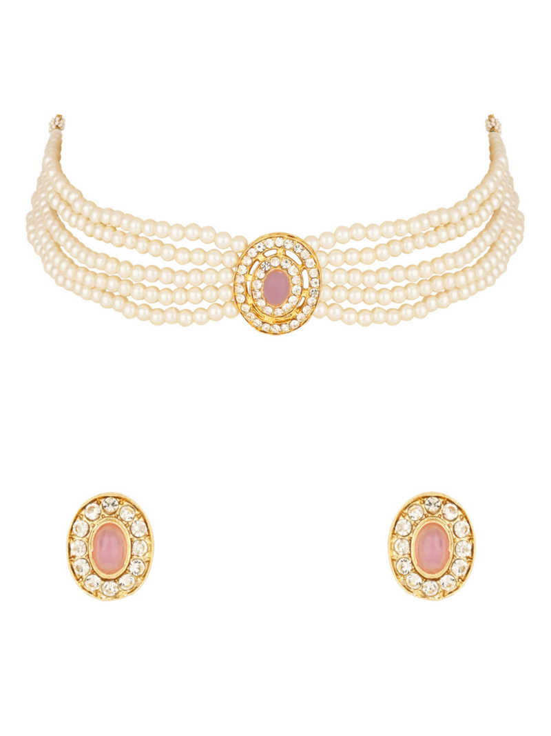 Gold plated traditional handcrafted stone pearl choker necklace jewellery set