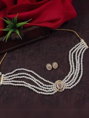 Gold plated traditional handcrafted stone pearl choker necklace jewellery set 1