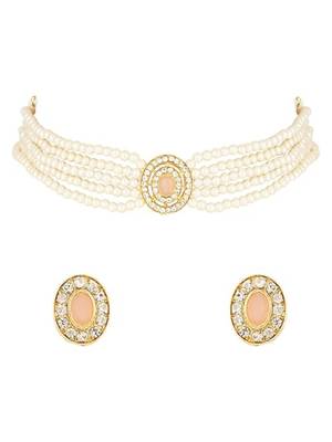 Gold plated traditional handcrafted stone pearl choker necklace jewellery set 2