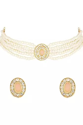 Gold plated traditional handcrafted stone pearl choker necklace jewellery set