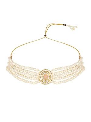 Gold plated traditional handcrafted stone pearl choker necklace jewellery set 3