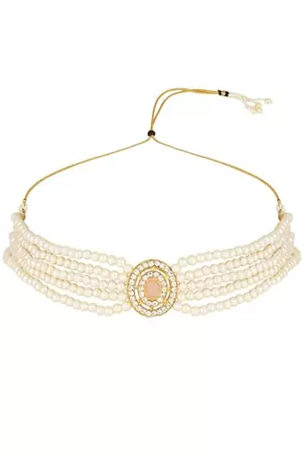Gold plated traditional handcrafted stone pearl choker necklace jewellery set