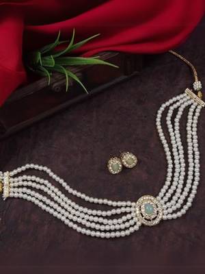 Gold plated traditional handcrafted stone pearl choker necklace jewellery set 1