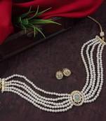 Gold plated traditional handcrafted stone pearl choker necklace jewellery set