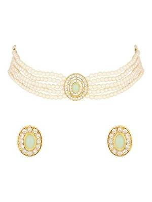 Gold plated traditional handcrafted stone pearl choker necklace jewellery set 2