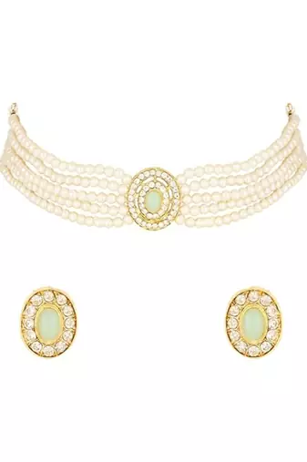 Gold plated traditional handcrafted stone pearl choker necklace jewellery set