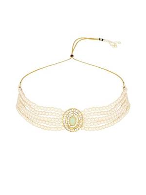Gold plated traditional handcrafted stone pearl choker necklace jewellery set 3