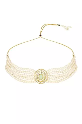 Gold plated traditional handcrafted stone pearl choker necklace jewellery set