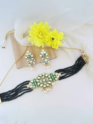 Gold plated traditional pearl kundan studded meenakari choker necklace with earring set for women 1