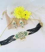 Gold plated traditional pearl kundan studded meenakari choker necklace with earring set for women