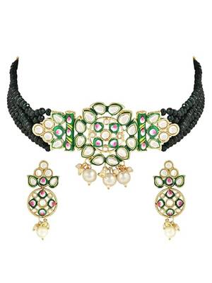 Gold plated traditional pearl kundan studded meenakari choker necklace with earring set for women 2
