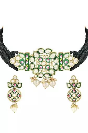 Gold plated traditional pearl kundan studded meenakari choker necklace with earring set for women