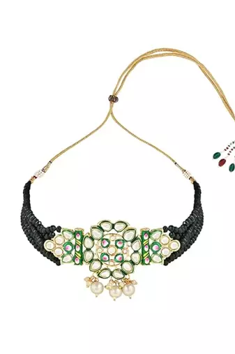 Gold plated traditional pearl kundan studded meenakari choker necklace with earring set for women