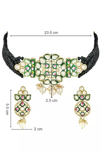Gold plated traditional pearl kundan studded meenakari choker necklace with earring set for women