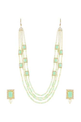 Gold plated traditional stone studded multi strand long pearl necklace jewellery with stud earrings set