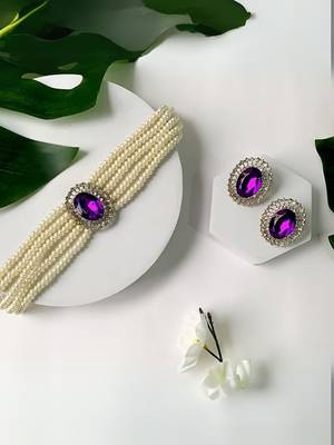 Gold plated traditional stone studded pearl choker necklace jewellery set for women 1