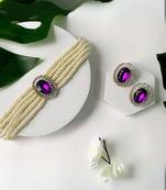 Gold plated traditional stone studded pearl choker necklace jewellery set for women