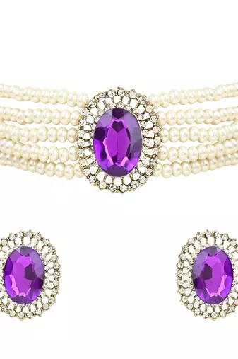 Gold plated traditional stone studded pearl choker necklace jewellery set for women