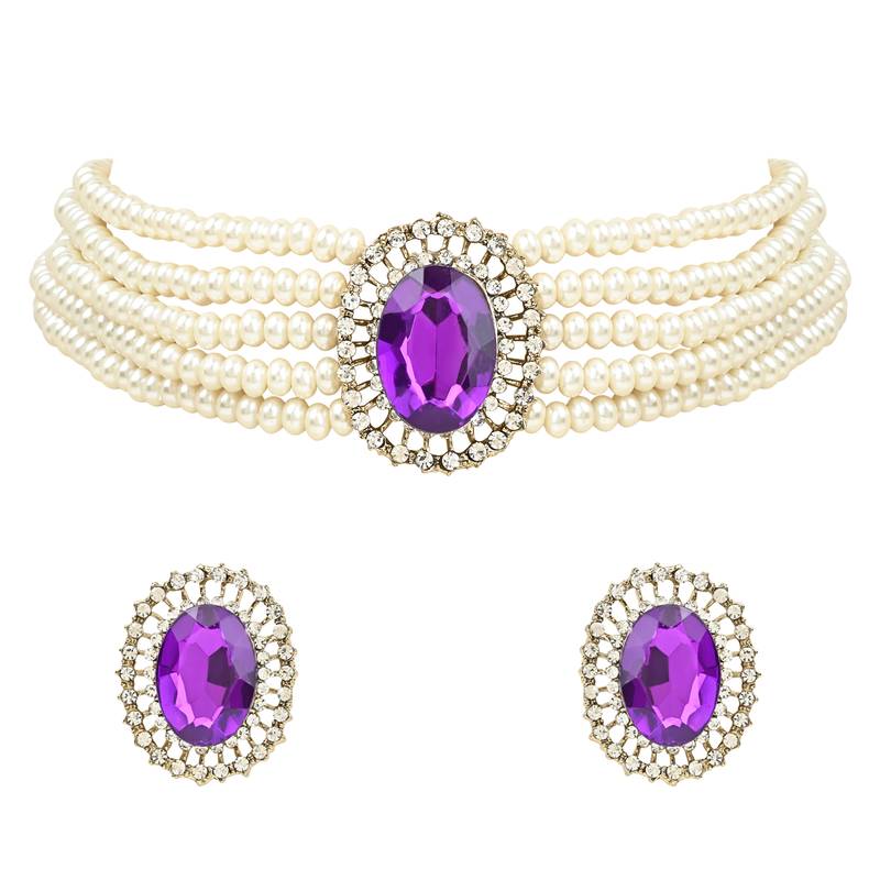 Gold plated traditional stone studded pearl choker necklace jewellery set for women