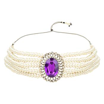 Gold plated traditional stone studded pearl choker necklace jewellery set for women 3