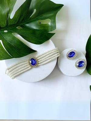 Gold plated traditional stone studded pearl choker necklace jewellery set for women 1
