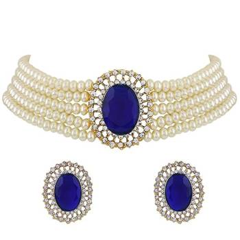 Gold plated traditional stone studded pearl choker necklace jewellery set for women 2